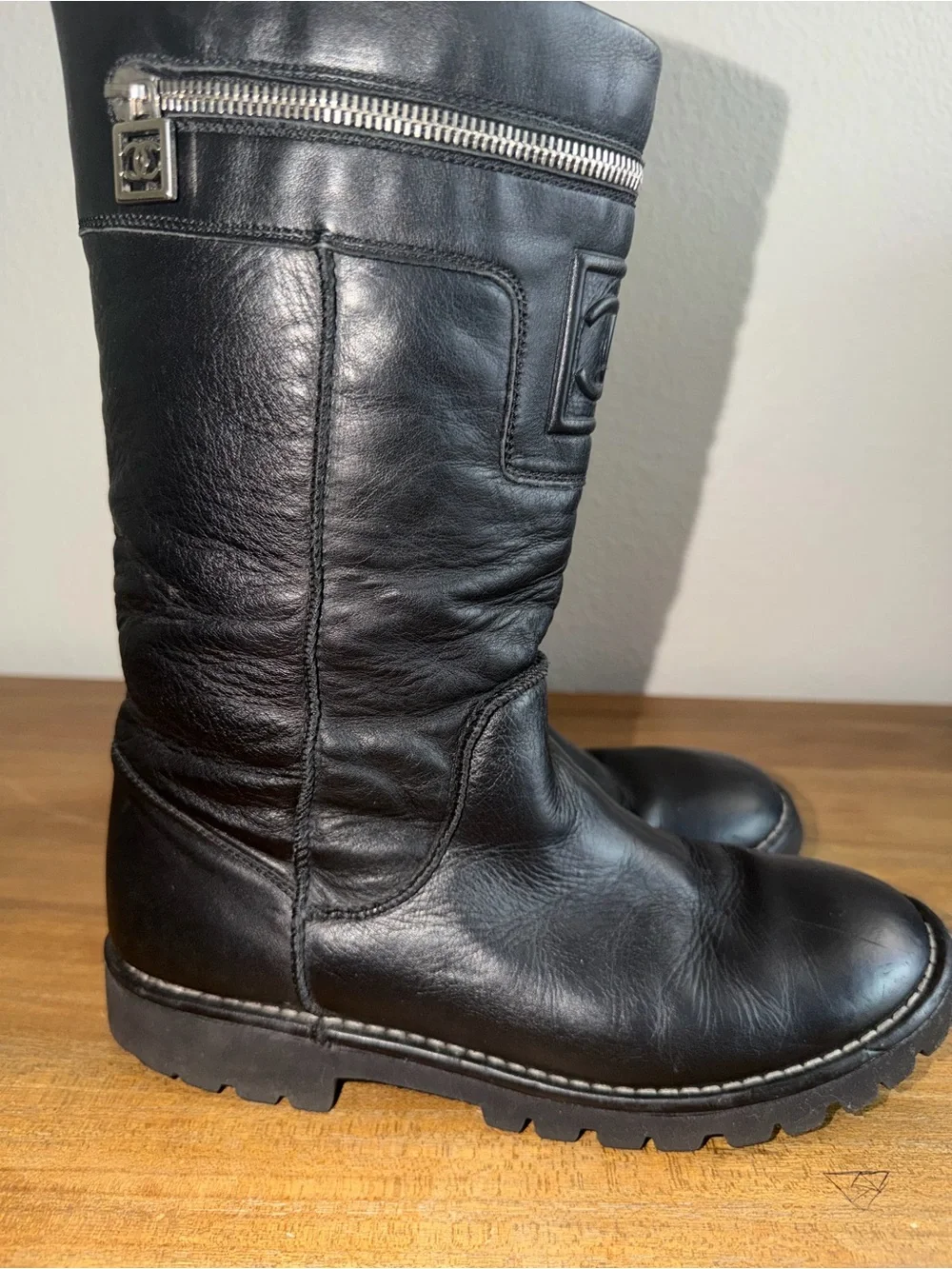 CHANEL Black Leather Combat Moto Boots with CC Logo